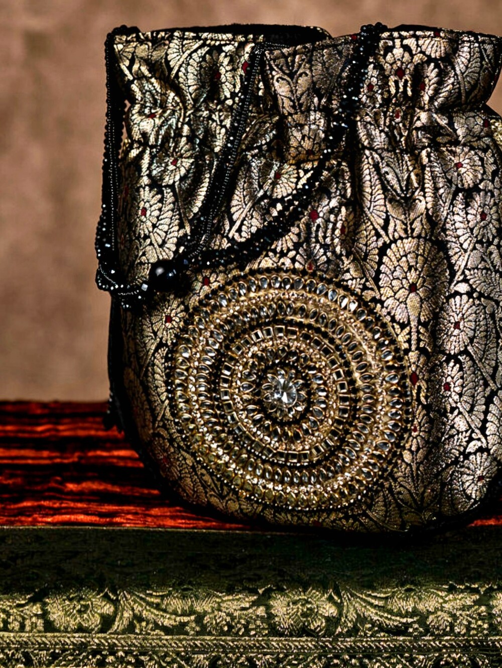 Embellished Metallic Drawstring Womens Bag - Gold